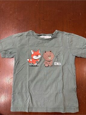 MAISON KITSUNE X Line Friends Olive Green Tee with Fox & Bear Cartoon
